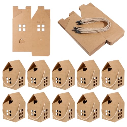 Image of 10Pcs House Shaped Paper Gift Boxes, Cardboard Candy Treat Boxes, Party Favor Holders Small Packaging Supplies for Wedding, Baby Shower, Birthday Decorations (3x3x5inch)