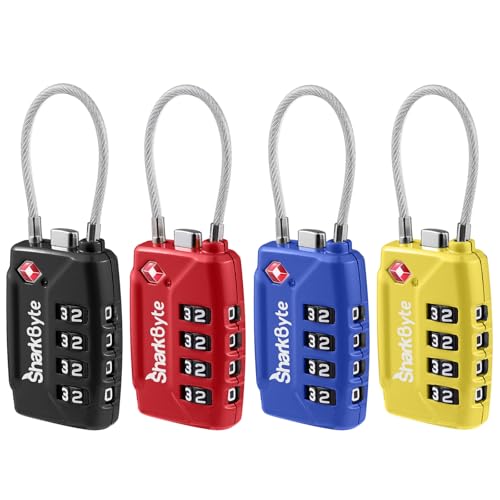 SharkByte Candados de Maleta Aprobados por la TSA   Candado de Combinación de Seguridad de Viaje de 4 Dígitos, Candado de Viaje de Cable de Alambre Flexible para Maletas, Candados de Equipaje, Bolsa