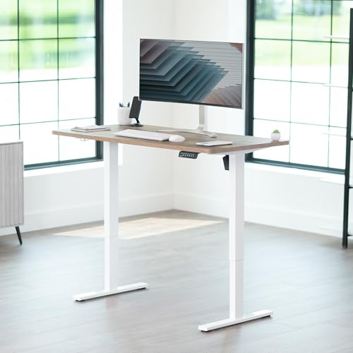 Image of VIVO Reclaimed Wood 55 x 28 in Standing Desk, DESK-KIT-1W55P | Electric, Holds 220 lbs, Sit Stand, Height Adjustable, Solid One-Piece Table Top, Memory Presets, 1B Series, White Frame