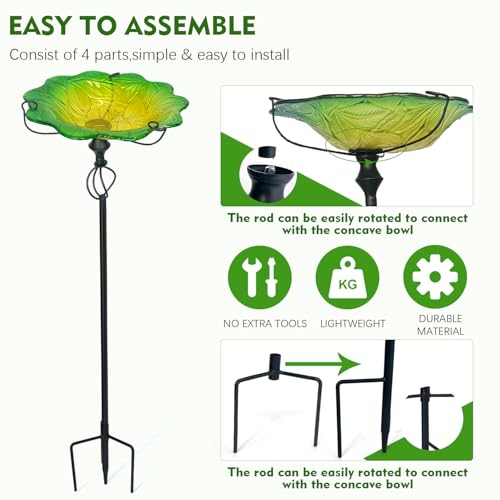Image of HONGLAND Bird Baths for Outside,11 inch Small Green Glass Birdbaths Outdoor,Detachable Bird Feeder with Metal Stake for Garden Yard Patio Decor,30 inch Height