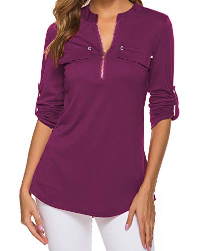 Work Blouses for Women Office Casual 3/4 Sleeve Summer Dress Shirt Tops Burgundy M