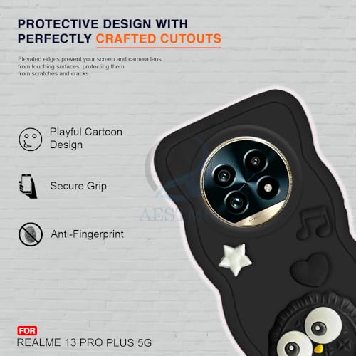 Image of AESTMO Back Case Cover for Realme 13 Pro 5G / Pro Plus | 3D Cute Fun Cartoon Characters | Anti Slip Grip Cute Wave Curly Frame Shape | Back Cover for Realme 13 Pro 5G / Pro Plus (Black)