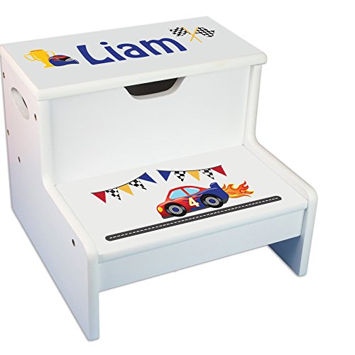 My Bambino Personalized Kids Step Stool | Race Cars White Childrens Step Stool with Storage | Custom Name Toddler Bathroom & Kitchen Helper | Great Baby Gift