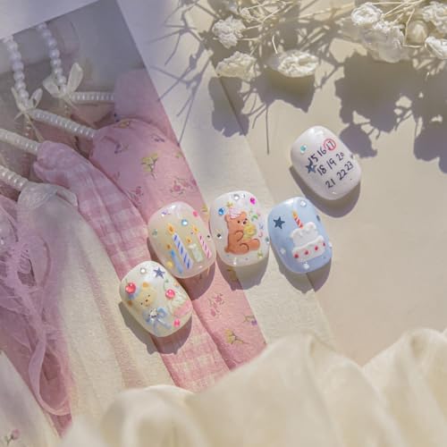 Image of Birthday Nail Stickers Cake Nail Art Decals Candle Star Bear Bow Nail Art Sticks 5D Embossed Self Adhesive with Design for Women Girls Kid Happy Birthday Manicure DIY Charms Decoration