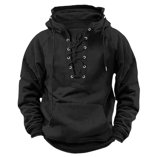 Mens Hoodies Distressed Tactical Hoodies Cargo Tactical Sweatshirt Retro Lace Up Hooded Pullover Fleece Sports Jacket