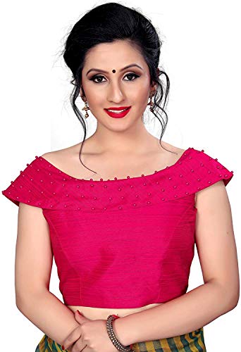 Women's Silk Taffeta Boat Neck Saree Blouse (Pink, X-Large-40)