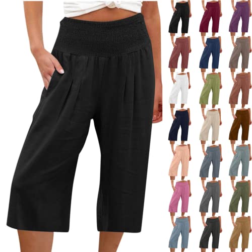 Yoga Pants Womens Capri Pants Summer High Waisted Cotton Linen Loose Palazzo Pants Wide Leg Comfy Lounge Pant Trousers With Pocket #TOP7
