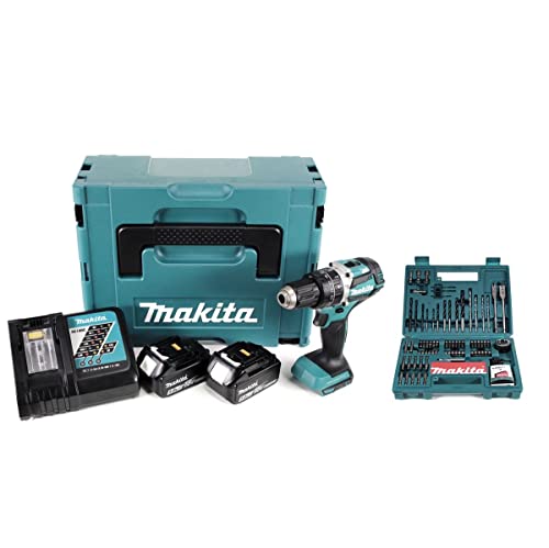 Makita DHP 484 RTJ 18V Brushless Li Ion Perceuse visseuse à percussion sans fil + Coffret de transport Makpac + 2x Batteries 5 0 Ah + Chargeur + 100 pièces de Faises et Trépans pour perceuse Makita B 53811 - vue 2