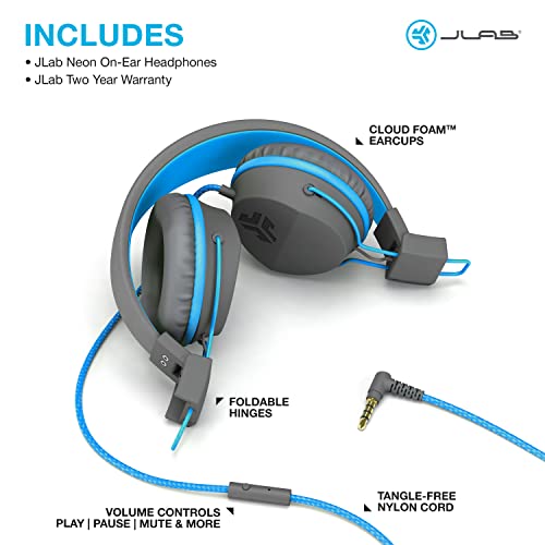 Jlab Audio Neon Headphones On-Ear Feather Light, Ultra-Plush Eco Leather, 40Mm Drivers, Guaranteed For Life - Graphite/Blue #TOP5