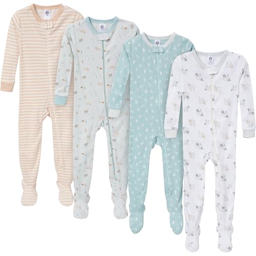 Image of Gerber Neutral White Bear and "Hello Dear" 4-Pack Footed Union Suits