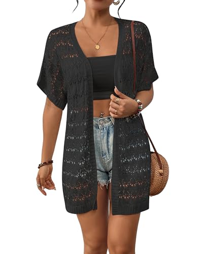 Bsubseach Crochet Bathing Suit Cover Up for Women Boho Kimono Casual Swimsuit Cover Ups Knitted Mesh Open Front Outwear