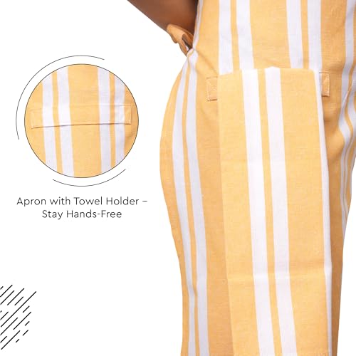 Image of Encasa XO Cotton Cooking kitchen Apron for Women and Men chef apron With adjustable neckstrap, Pocket & Towel Holder for Easy cooking, Baking, BBQ, Gardening- Franca Yellow Stripes, 68x85 cm