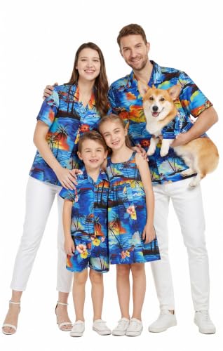 Image of Hawaii Hangover Family Matching Hawaiian Clothes, Sunset Blue | Family matching Hawaiian outfits, Sunset Blue, 100% cotton, machine washable, tropical floral print, luaus, cruises