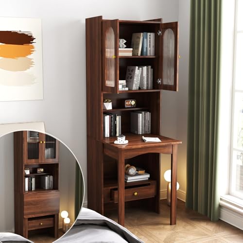 KEIKI Fold-Out Home Office Desks Writing Table with Glass Doors Drawers Bookshelf & Storage Shelves Modern Wooden Convertible Workstation for Work Study