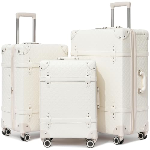 NZBZ Vintage Luggage Sets for Women Retro Suitcase with Wheels TSA Lock Cute Luxury Luggage 3 Pieces (Pure White, 20inch & 24inch & 28inch) White Quil