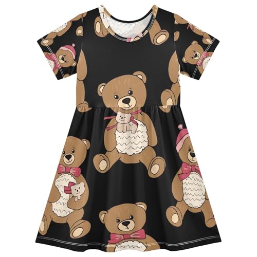 Girls Short Sleeve Dress Cute Teddy Bears Black Toddler Summer Kids Casual Playwear Outfits, 2T