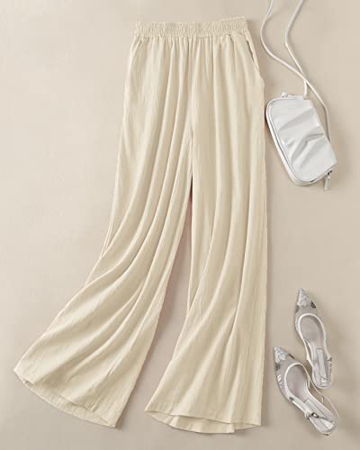 Womens Linen Pants High Elastic Waist Wide Leg Flowy Trousers Plus Size with Pockets Beige 3XL2