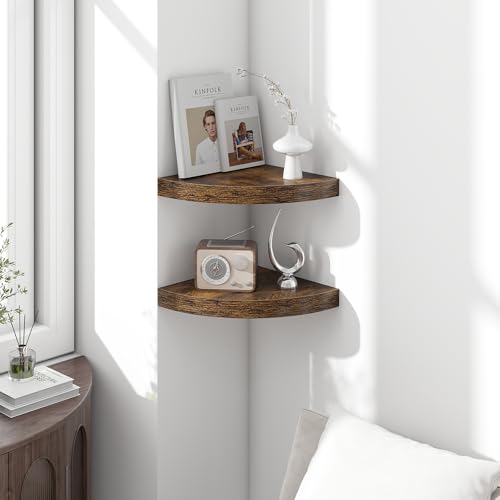 Image of Fun Memories Floating Corner Shelves Set of 2 - Rustic Wood Wall Mounted Storage and Display Shelves for Living Room, Bedroom, Kitchen, Bathroom - Space Saving Home Decor, Brown