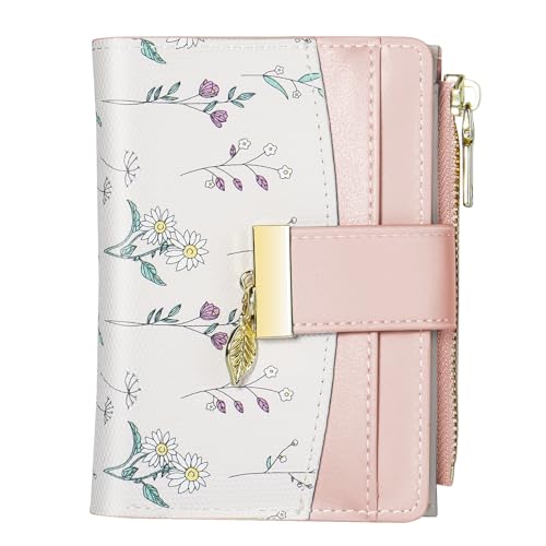 Image of Avando Wallets for Women- RFID Blocking- Soft PU Leather Bifold Coin Zipper Pocket Purse-Small flower wallet Credit Card Holder with ID Window (Pink)