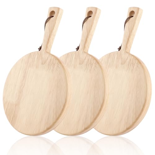 CYEER 3pcs Pizza Boards with Handle Wooden Chopping Cheese Boards Diameter 17cm/6.7inch Round Serving Boards for Serving Steak Bread Fruits and Vegetables