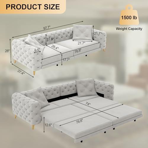 Image of KCGKCG 97.7 inch Sleeper Sofa Bed, Velvet Sectional Couches for Living Room /Bedroom, 3 in 1 Pull Out Couch Bed, Convertible Sectional Couch loveseat Sofa with Movable Ottoman, Light Grey