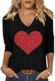 Scgirl Womens 3/4 Sleeve V Neck Valentine T Shirts Love Heart Printed Graphic Tee Tops (XL,Black)