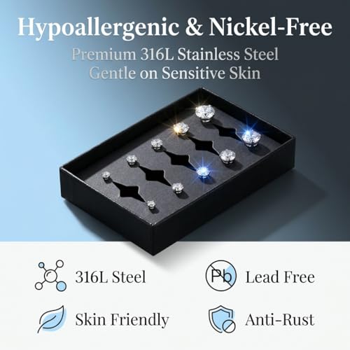 Image of SANNIDHI 5 Pairs Earrings for Women Flat Back Gold /Silver Cartilage Stud Earrings Cubic Zirconia 316L Stainless Steel Earrings - 3 4 5 6 8mm Hypoallergenic Nickel-Free