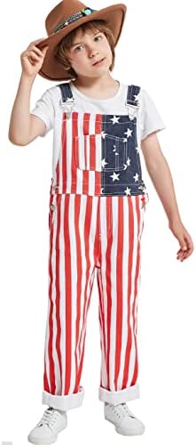 OeyFnbmO Boy's Denim Bib American Flag Overall Adjustable Straps 4th of July Cute Jean Jumpsuit &Rompers Kids for 3-14 Years(Red,8)