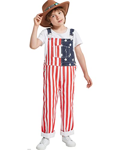 Oeyfnbmo Boy's Denim Bib American Flag Overall Adjustable Straps 4Th Of July Cute Jean Jumpsuit &Rompers Kids For 3-14 Years(Red,8) #TOP24