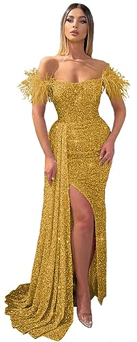 Zhangyo Long Gold Prom Dresses for Women Sparkly Sequin Evening Gowns with Feathers Off Shoulder Mermaid Formal Party Dress with Slit 2