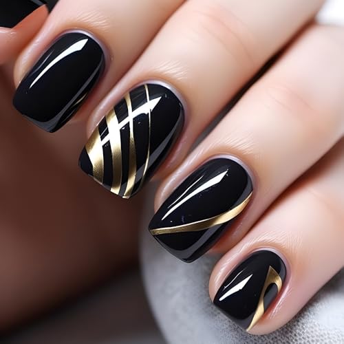 Press On Nails: Medium Square Dark Black False Nails with Gold Li...