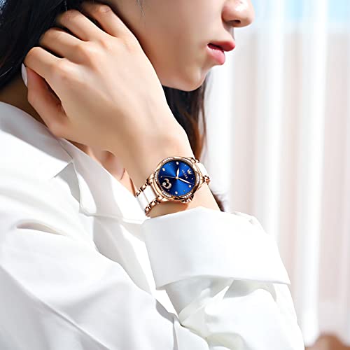 Image of OLEVS Watches for Women Dress Roman Numerals Diamonds Stainless Steel Waterproof Silver Designer Metal Date Expanding Bracelet Ladies Wrist Watch, Blue, 华丽的