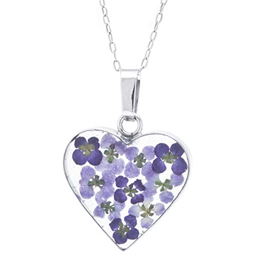 Image of Amazon Essentials Sterling Silver Pressed Flower Heart Pendant Necklace