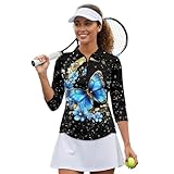 Oramclsy Butterfly Womens Golf Shirts 3/4 Long Sleeve V Neck Button Down Shirts Moon Versatile Athletic Apparel Business Causal Work Blouses Tops Slim Suitable for All Body Types