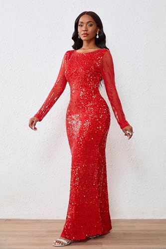 Image of VERWIN Women's Sequins Bodycon Round Neck Long Sleeve Sparkly Mermaid Maxi Dress for Casual Party Cocktail