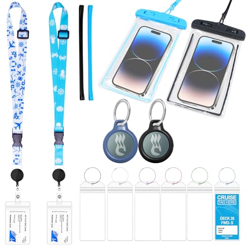 Kucucyle Kit esencial de 14 piezas de crucero que incluye 2 accesorios de soporte de medallón de princesa, 2 cordones para crucero, 2 bolsas impermeables para teléfono celular, 6 etiquetas de