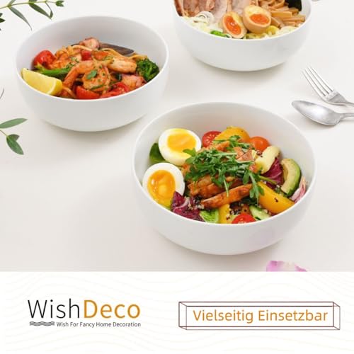 WishDeco Große Suppenschalen 3er Set, Salatschüsseln 1100ml, Servierschüssel Weiß, Nudelschüsseln Porzellan, Schüssel Set Keramik für Ramen, Obst, Dessert, Müsli 4