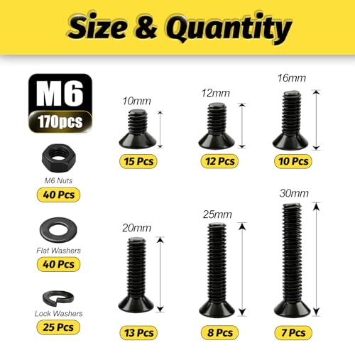 Image of KADRICK 170Pcs M6 Countersunk Screws,M6 Flat Head Screws,Phillips Bolts Nuts Washers Assortment Kit,Zinc Plated,Lenth of 10MM-30MM