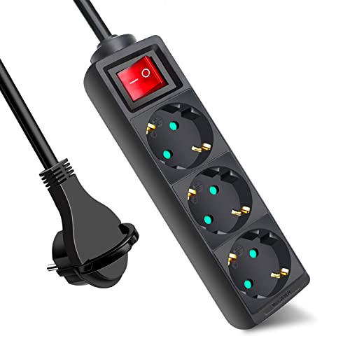 ExtraStar Steckdosenleiste 3-Fach (Mehrfachsteckdose mit Save Energy-Schalter zum Stromsparen,Kabel 1.5m,IP20,Kindersicherung,Neuer Flachstecker) 16A,3680W,Schwarz Cover