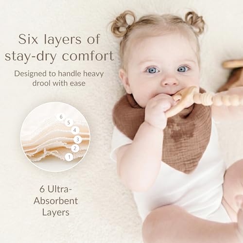 Image of Konssy 10 Pack Baby Muslin Bandana Bibs for Drooling and Teething | 100% Cotton Bibs for Boy Girl, Soft Absorbent 6-Layer Thick Cloth, Pre-Washed Less Shrinkage, Newborn Infant Toddler