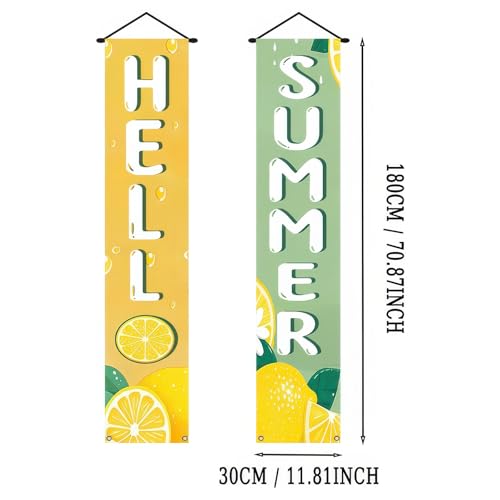 Image of BlissYard 2pcs Hello Summer Door Banner Lemon Porch Banner Sign Sweet Summer Sunshine Front Door Hanging Decor Banners for Seasonal Home Hawaii Tropical Party Outdoor Decorations