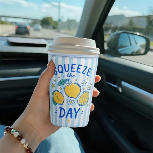 Image of Reusable Insulated Sleeve for Iced Coffee Cup, Coffee Neoprene Sleeve for Cold & Hot Drinks, Beverage Holder for Iced Coffee (Squeeze Day, Large: 32oz)
