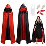 WELLXUNK Capa con Capucha de Halloween, 150cm Capa de Vampiro con Capucha e Colmillos, Capucha Negra Roja Doble Cape para Fiesta de Disfraces Medievales de Carnaval de Halloween