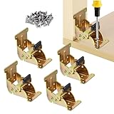 YDAJIURI Folding Brackets 4 Pack, Heavy-Duty Self-Locking Hinges with Screws, Foldable Lock Extension Support Brackets for Table Legs, Bed Legs, Workbenches – Gold