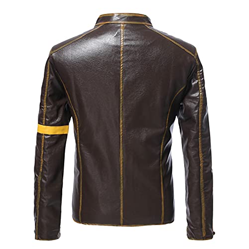 UnoSheng Men's Casual Jacket Striped Vintage Pilot Jacket Full Zip with Chest Pocket Denim Jacket Steampunk Jacket Medieval Stand-Up Collar Faux Leather Jacket Men's Slim Fit