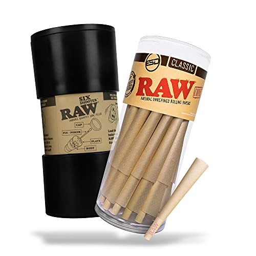RAW Six Shooter with 50 Classic 1 1/4 Classic RAW Cones - Fill 2,3, or 6 Cones Simultaneously - Six Shooter for 1 1/4 Papers and a Pack of 50 RAW Pre Rolled Cones Natural, Unrefined Earth Friendly