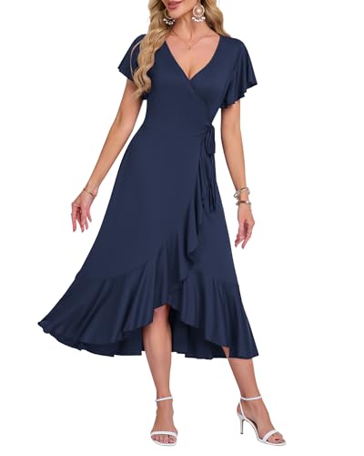 AUSELILY Summer Dresses for Women UK Midi Wrap Beach Casual V-Neck Short Sleeve Slit Ruffle Dress for Cocktail Wedding Guest Navy Blue