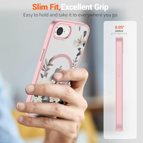 Image of VONZEE Compatible with iPhone 17e /iPhone 16e /SE4 Case, Luxury Retro Flowers Floral Clear Magnetic Wireless Charging PC+TPU Cute Glossy Shiny Cover for Girls Women, Pink