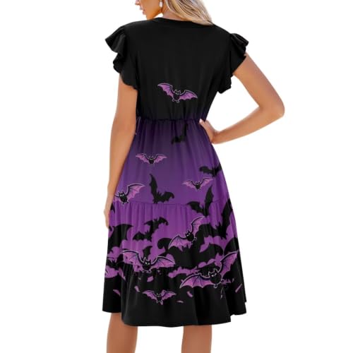 Image of Women's Casual Ruffle Sleeve Dress V Neck Pullover Dress Flowy A-Line Pleated Lightweight Dress with Pockets