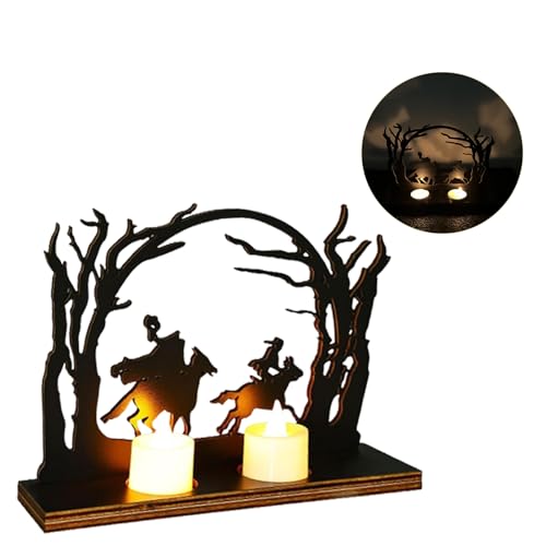 Headless Horseman Statue Candlestick Wooden Headless Silhouette Halloween Decorations Sculpture Table Artwork, Black Headless Horseman Candle Holder Figurine Hollow Desk Decor Scene (1pcs)